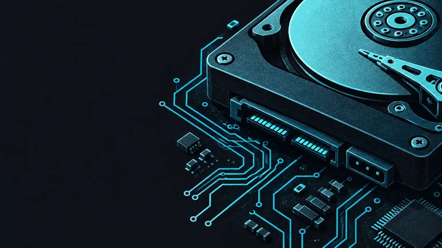 AI-generated close-up illustration of circuit traces around a storage drive, in cyan on a dark charcoal background