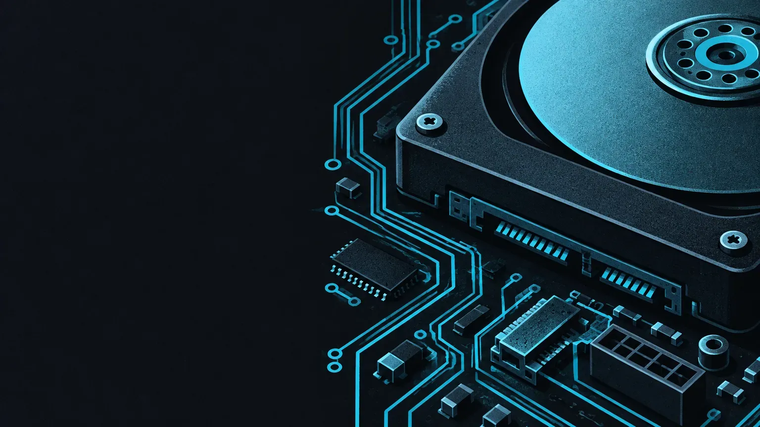 AI-generated close-up illustration of circuit traces around a storage drive, in cyan on a dark charcoal background