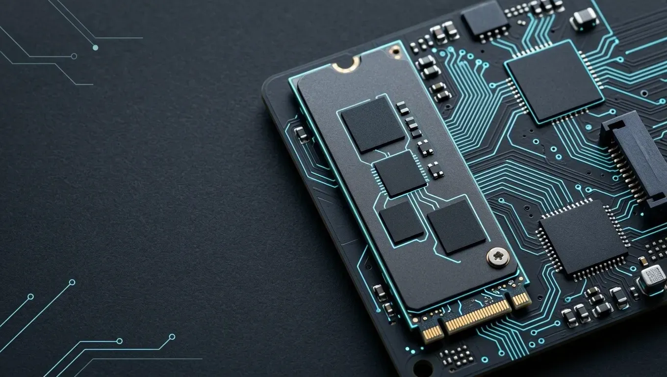 AI-generated close-up illustration of circuit traces around a storage drive, in cyan on a dark charcoal background