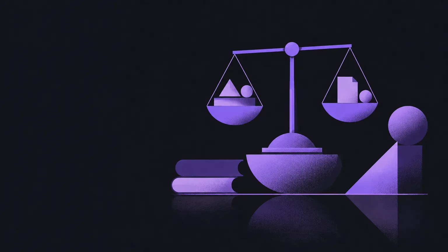 AI-generated abstract composition of a balance scale, in purple on a dark charcoal background