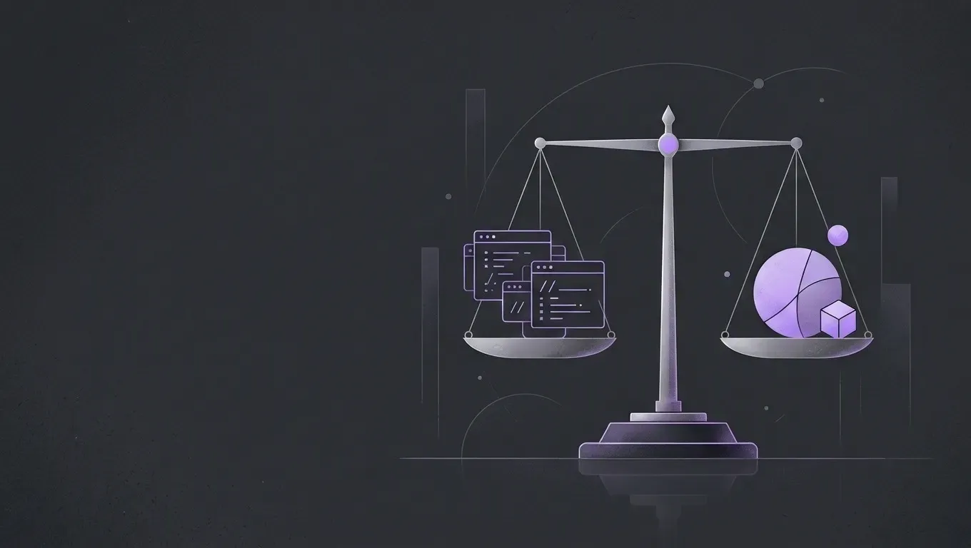 AI-generated abstract composition of a balance scale, in purple on a dark charcoal background