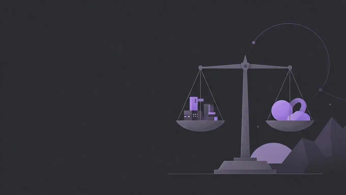 AI-generated abstract composition of a balance scale, in purple on a dark charcoal background