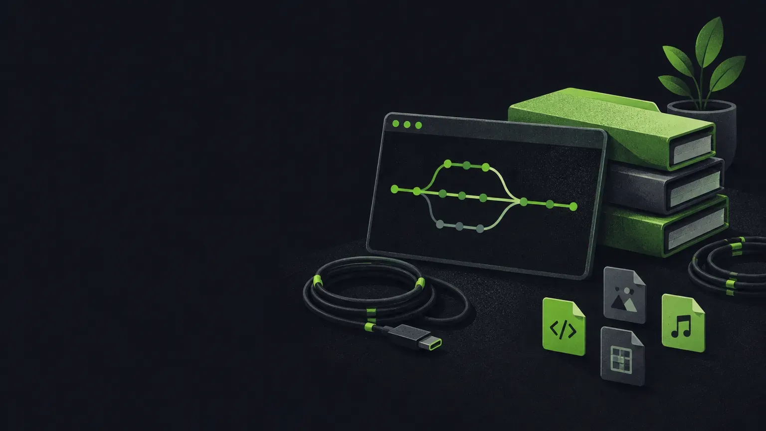 AI-generated still life of branching and merging git history lines, in green on a dark charcoal background