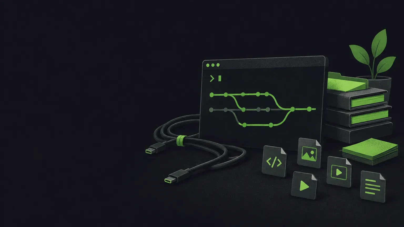 AI-generated still life of branching and merging git history lines, in green on a dark charcoal background