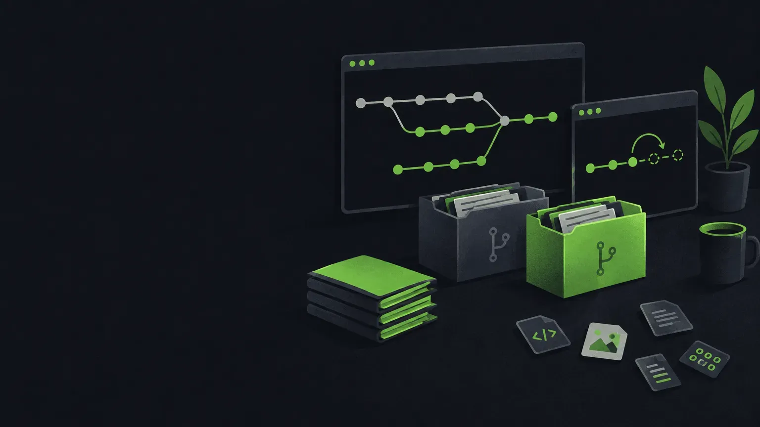 AI-generated still life of branching and merging git history lines, in green on a dark charcoal background