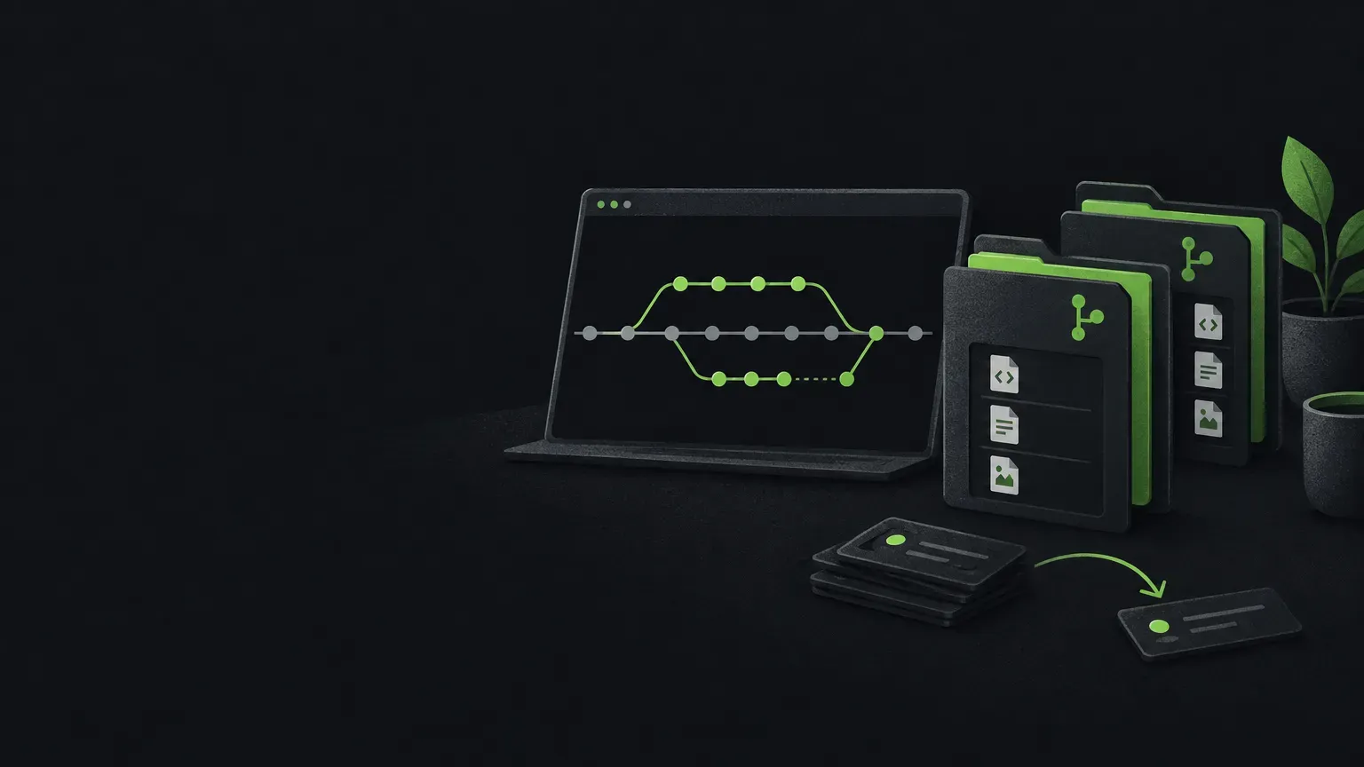 AI-generated still life of branching and merging git history lines, in green on a dark charcoal background