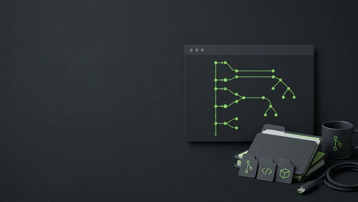 AI-generated still life of branching and merging git history lines, in green on a dark charcoal background