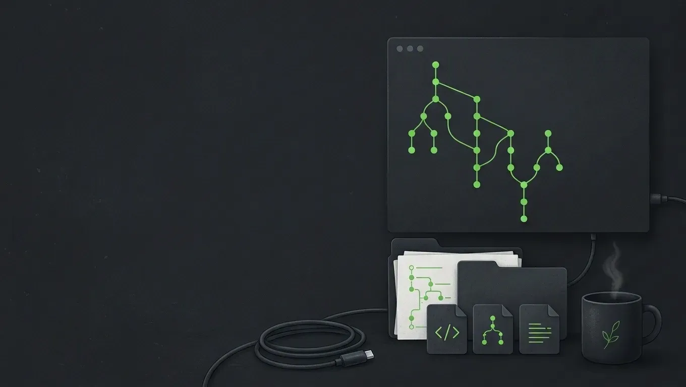 AI-generated still life of branching and merging git history lines, in green on a dark charcoal background