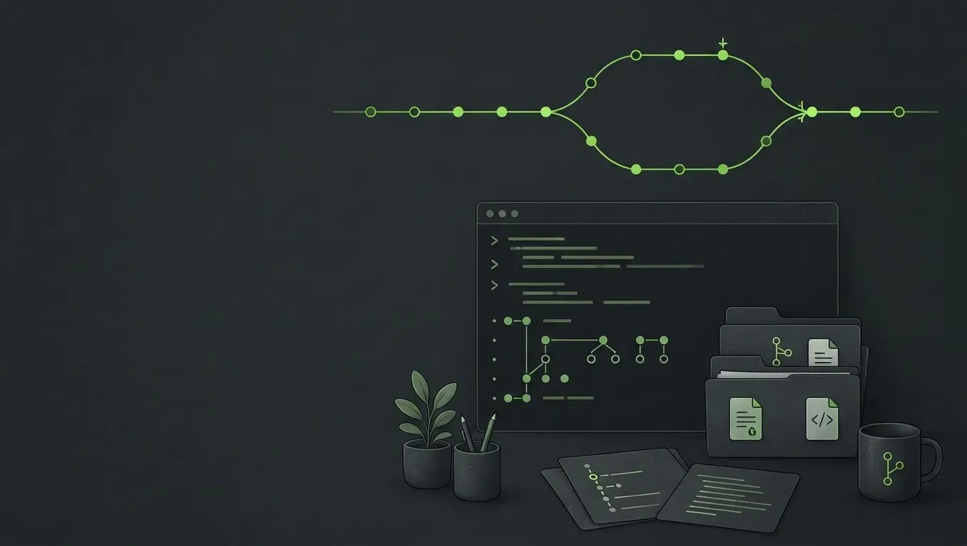 AI-generated still life of branching and merging git history lines, in green on a dark charcoal background