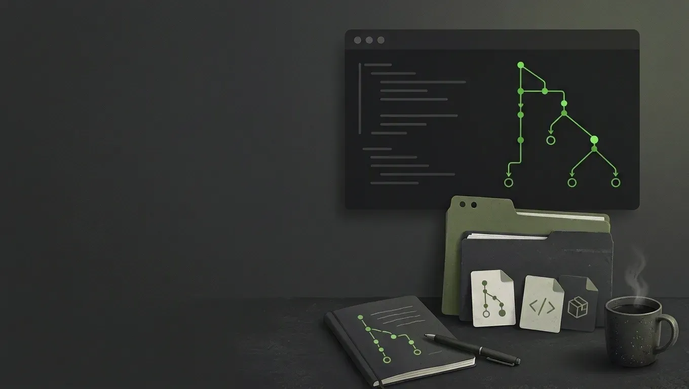 AI-generated still life of branching and merging git history lines, in green on a dark charcoal background