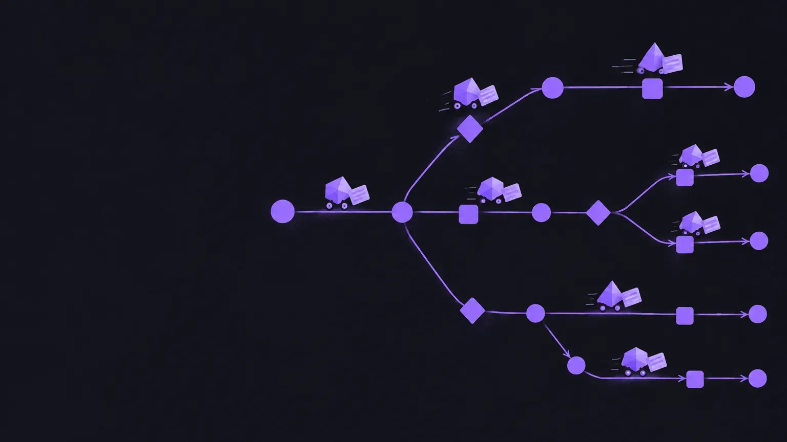 AI-generated abstract workflow illustration of a graph of connected nodes, in purple on a dark charcoal background