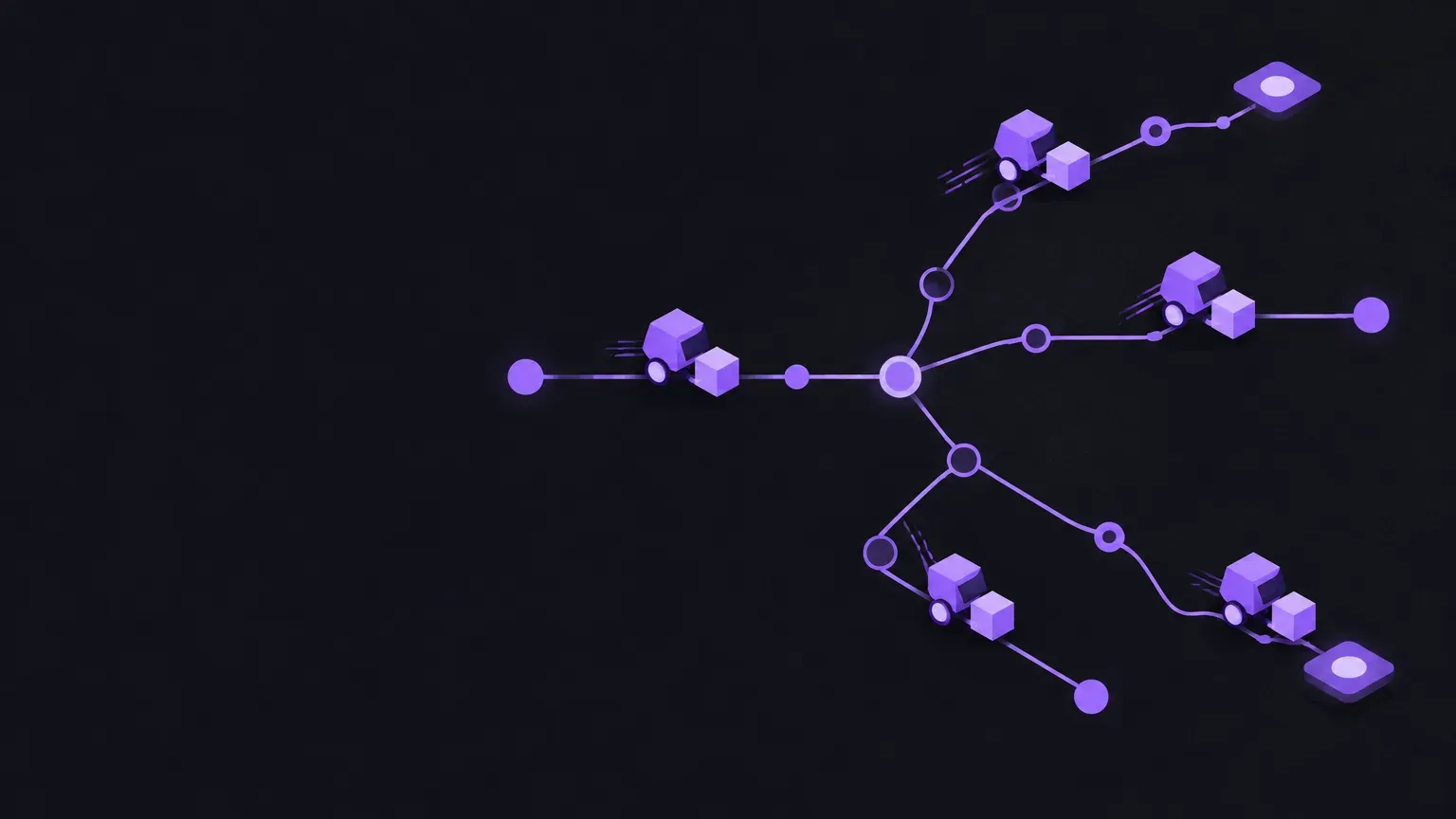 AI-generated abstract workflow illustration of a graph of connected nodes, in purple on a dark charcoal background