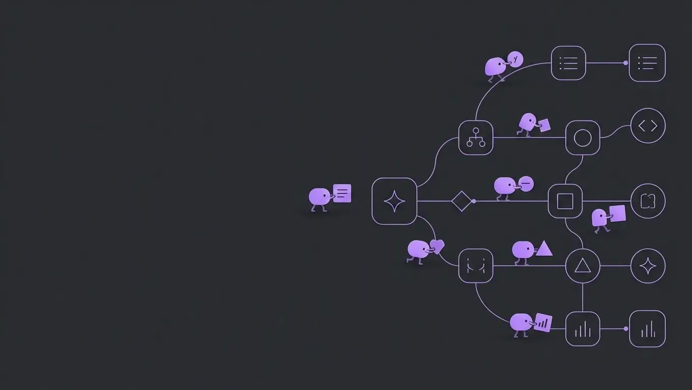 AI-generated abstract workflow illustration of a graph of connected nodes, in purple on a dark charcoal background