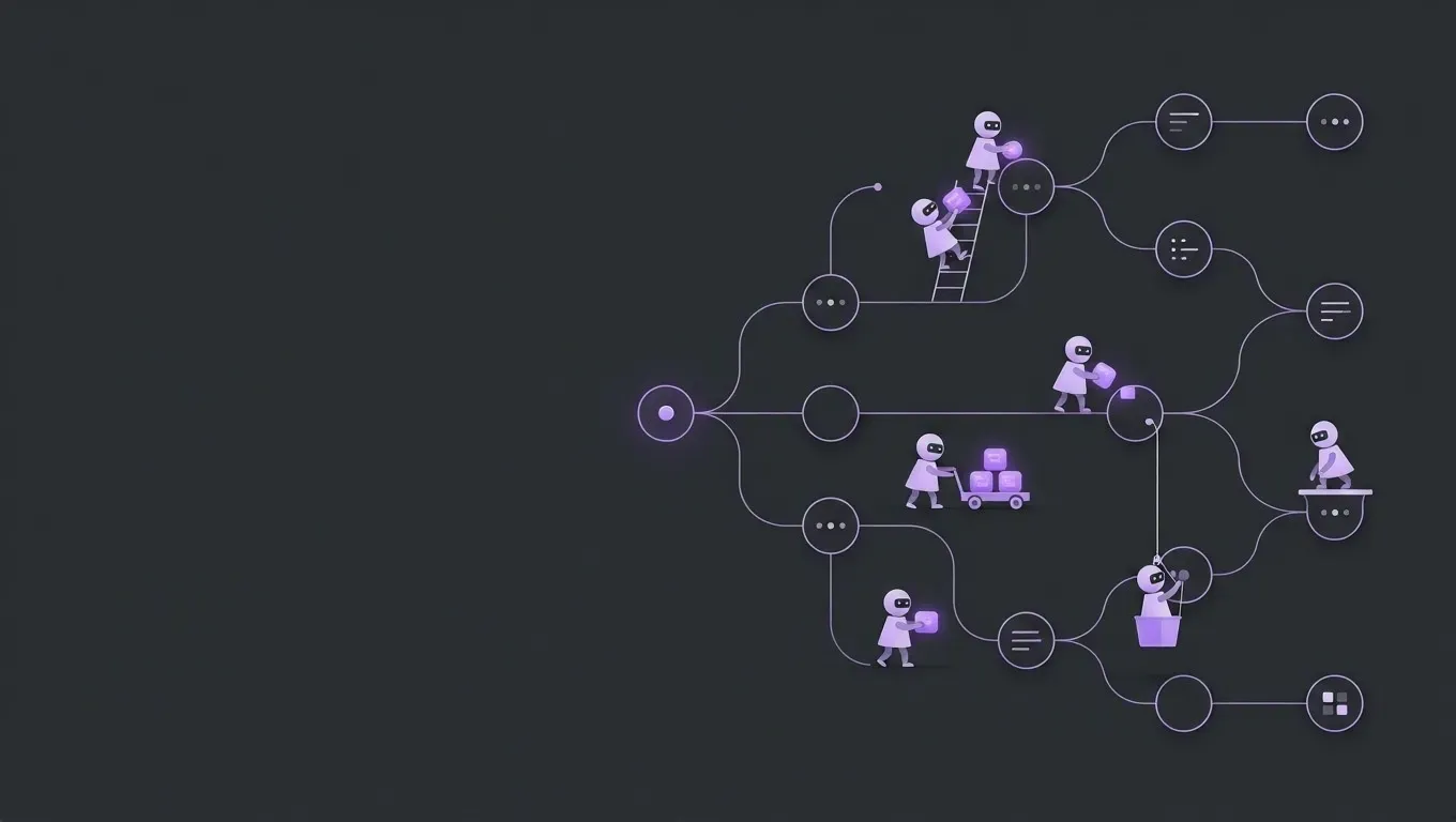 AI-generated abstract workflow illustration of a graph of connected nodes, in purple on a dark charcoal background