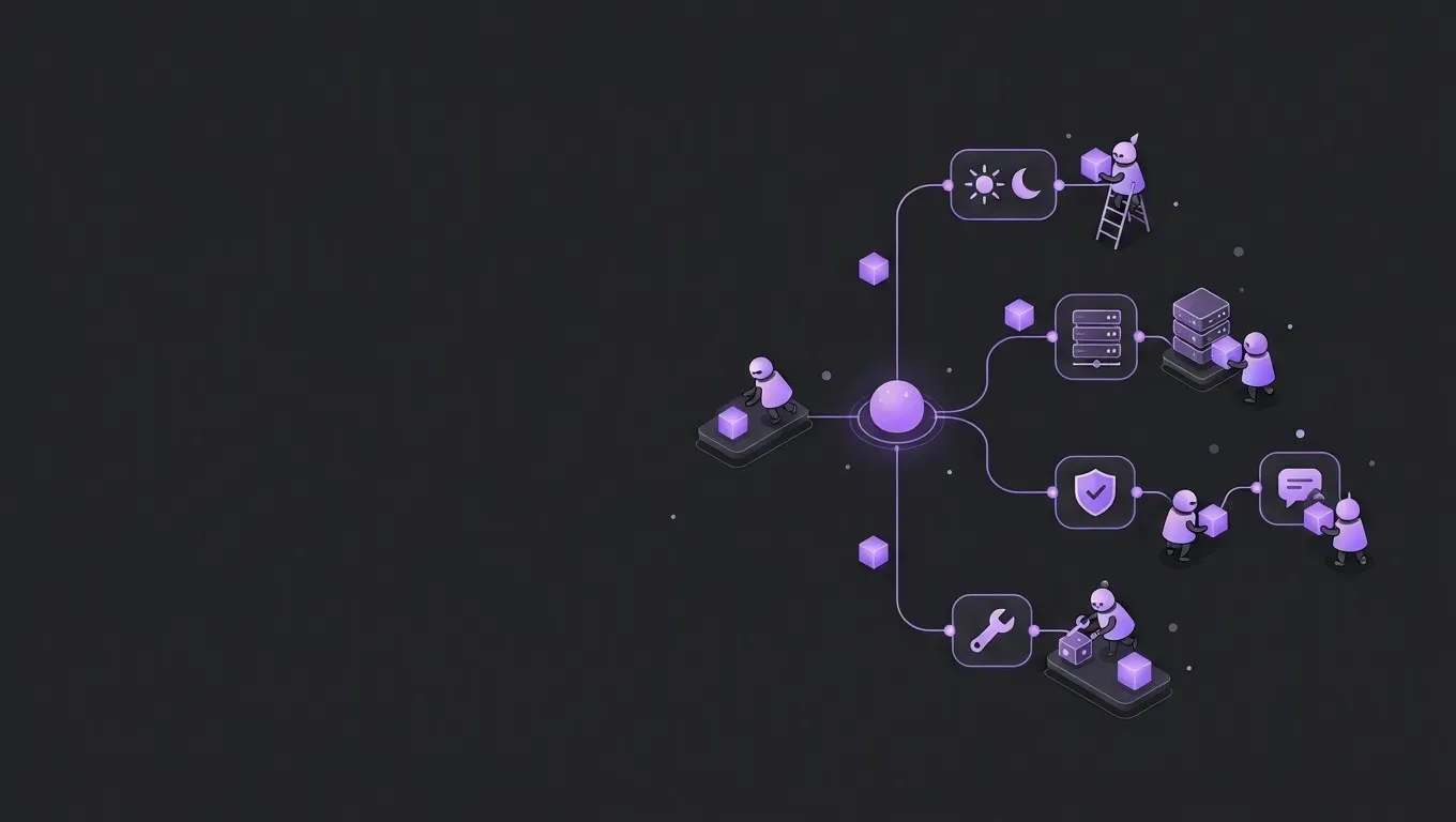 AI-generated abstract workflow illustration of a graph of connected nodes, in purple on a dark charcoal background