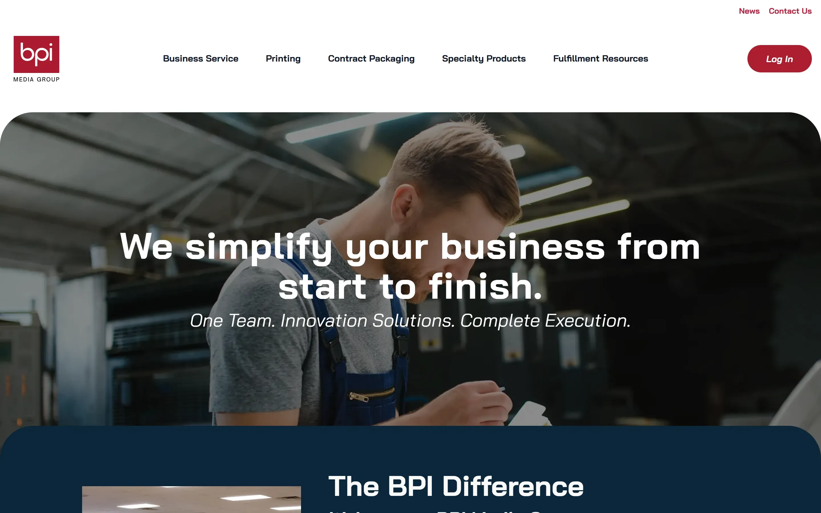 BPI Media Group home page with the headline We simplify your business from start to finish. over a photo of a print shop worker