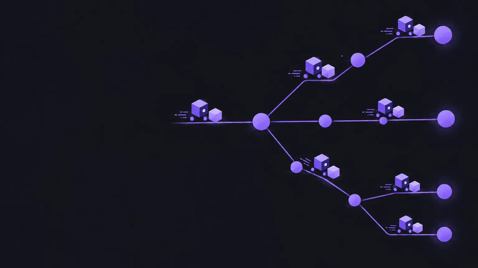 AI-generated abstract workflow illustration of a graph of connected nodes, in purple on a dark charcoal background