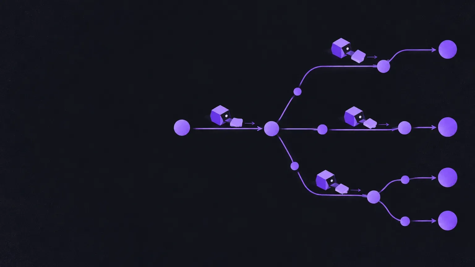 AI-generated abstract workflow illustration of a graph of connected nodes, in purple on a dark charcoal background