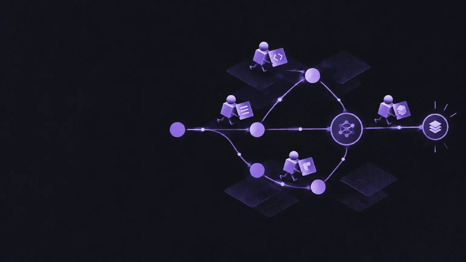 AI-generated abstract workflow illustration of a graph of connected nodes, in purple on a dark charcoal background