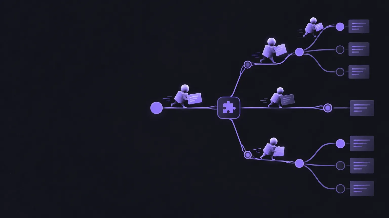 AI-generated abstract workflow illustration of a graph of connected nodes, in purple on a dark charcoal background
