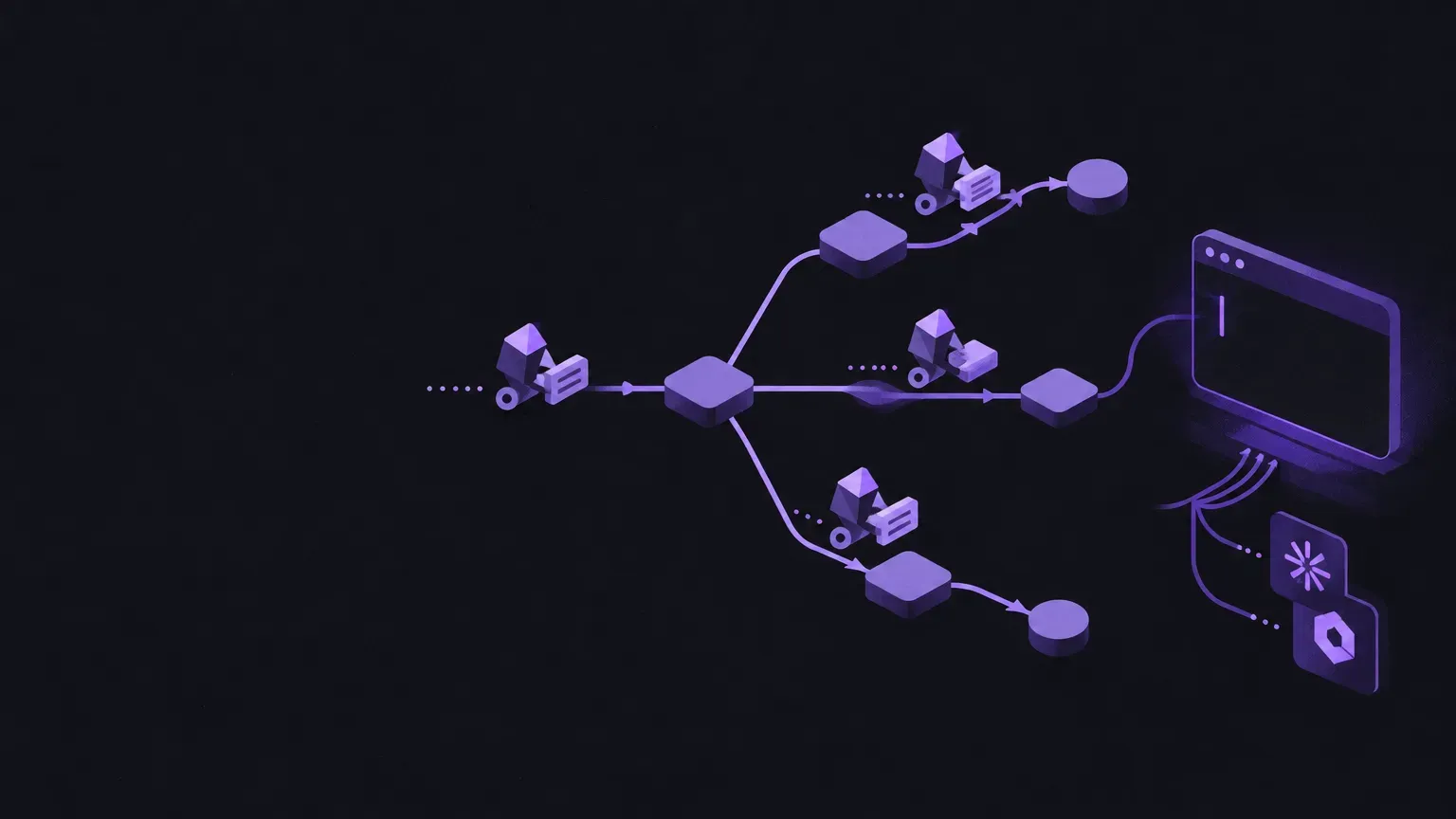 AI-generated abstract workflow illustration of a terminal window with a blinking cursor, in purple on a dark charcoal background