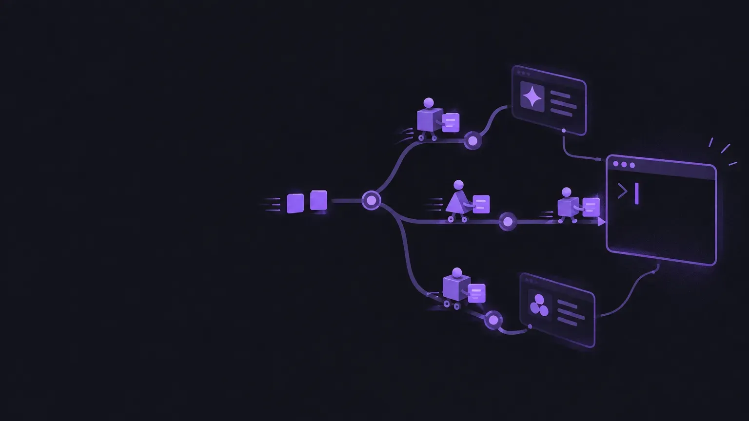 AI-generated abstract workflow illustration of a terminal window with a blinking cursor, in purple on a dark charcoal background