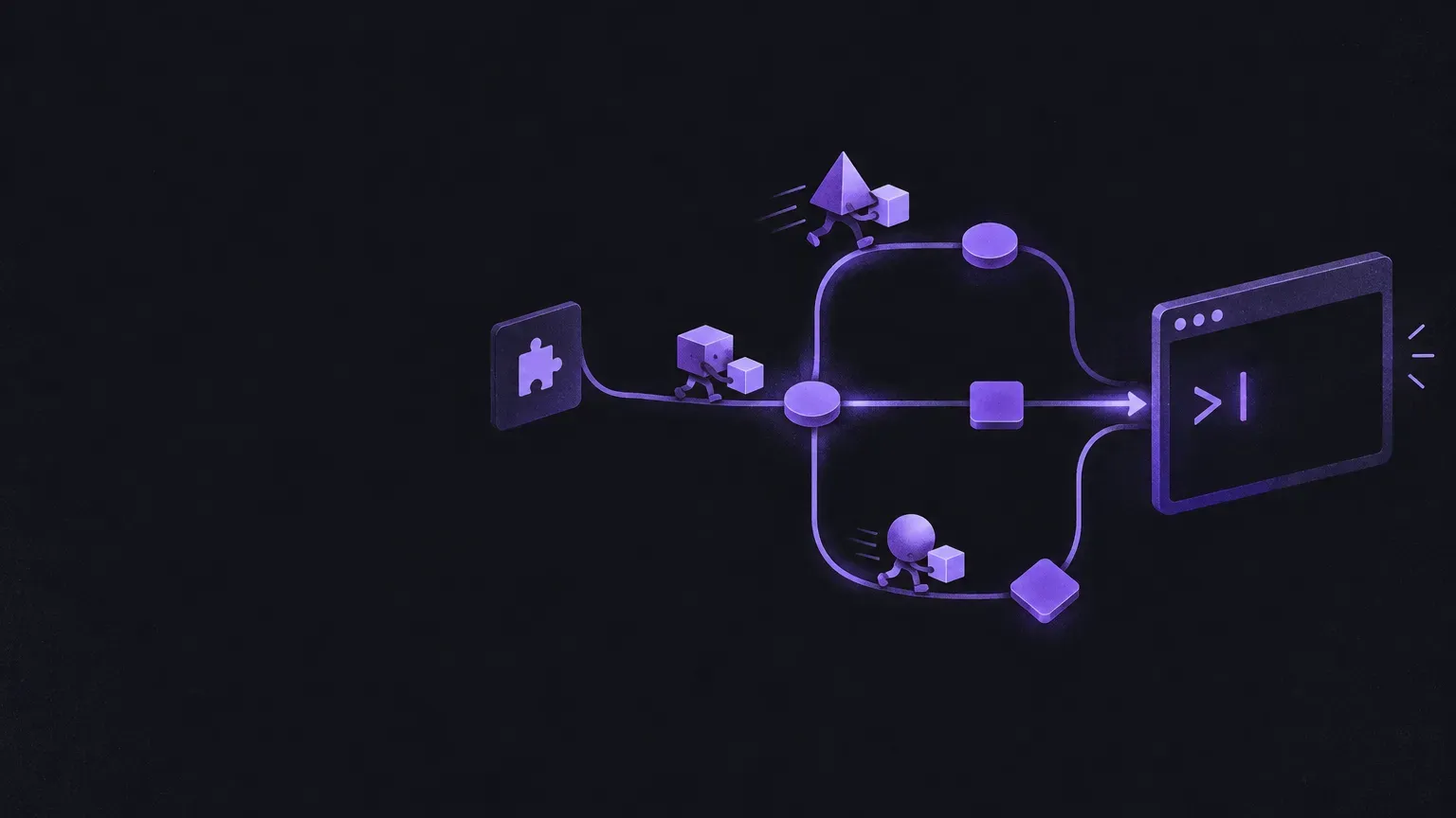 AI-generated abstract workflow illustration of a terminal window with a blinking cursor, in purple on a dark charcoal background