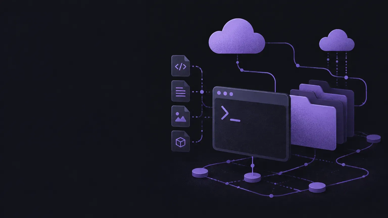 AI-generated still life of connected cloud shapes and network paths, in purple on a dark charcoal background