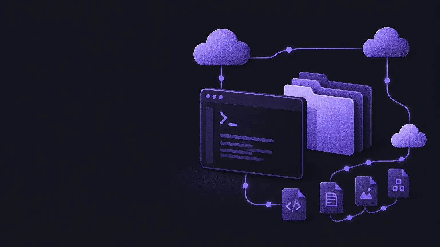 AI-generated still life of connected cloud shapes and network paths, in purple on a dark charcoal background
