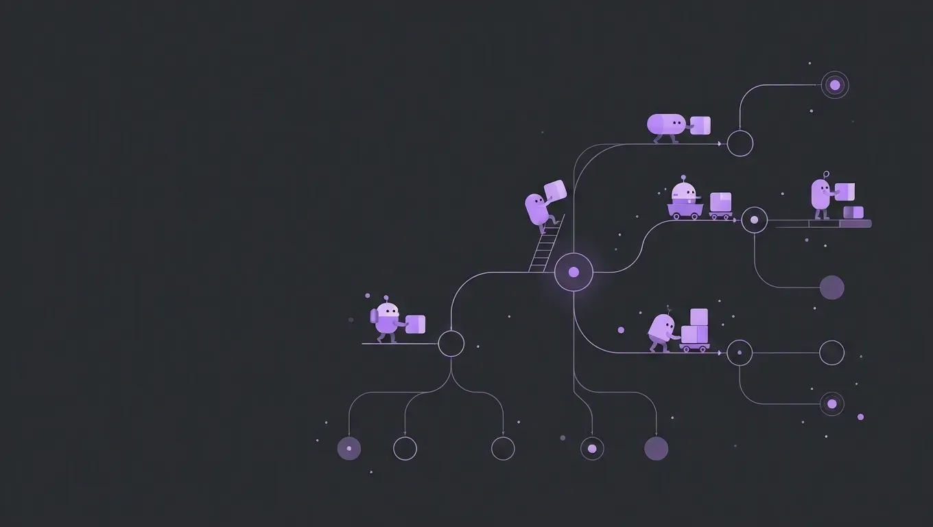 AI-generated abstract workflow illustration of a graph of connected nodes, in purple on a dark charcoal background