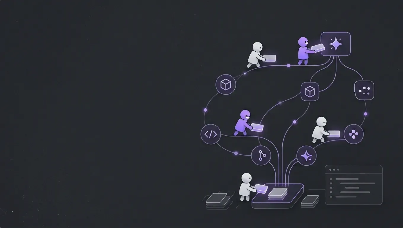 AI-generated abstract workflow illustration of a graph of connected nodes, in purple on a dark charcoal background