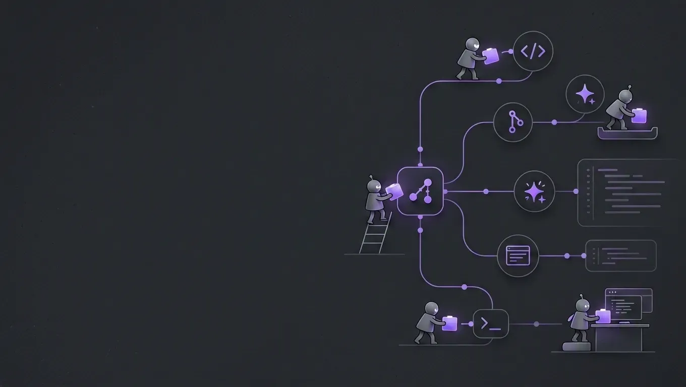 AI-generated abstract workflow illustration of a graph of connected nodes, in purple on a dark charcoal background
