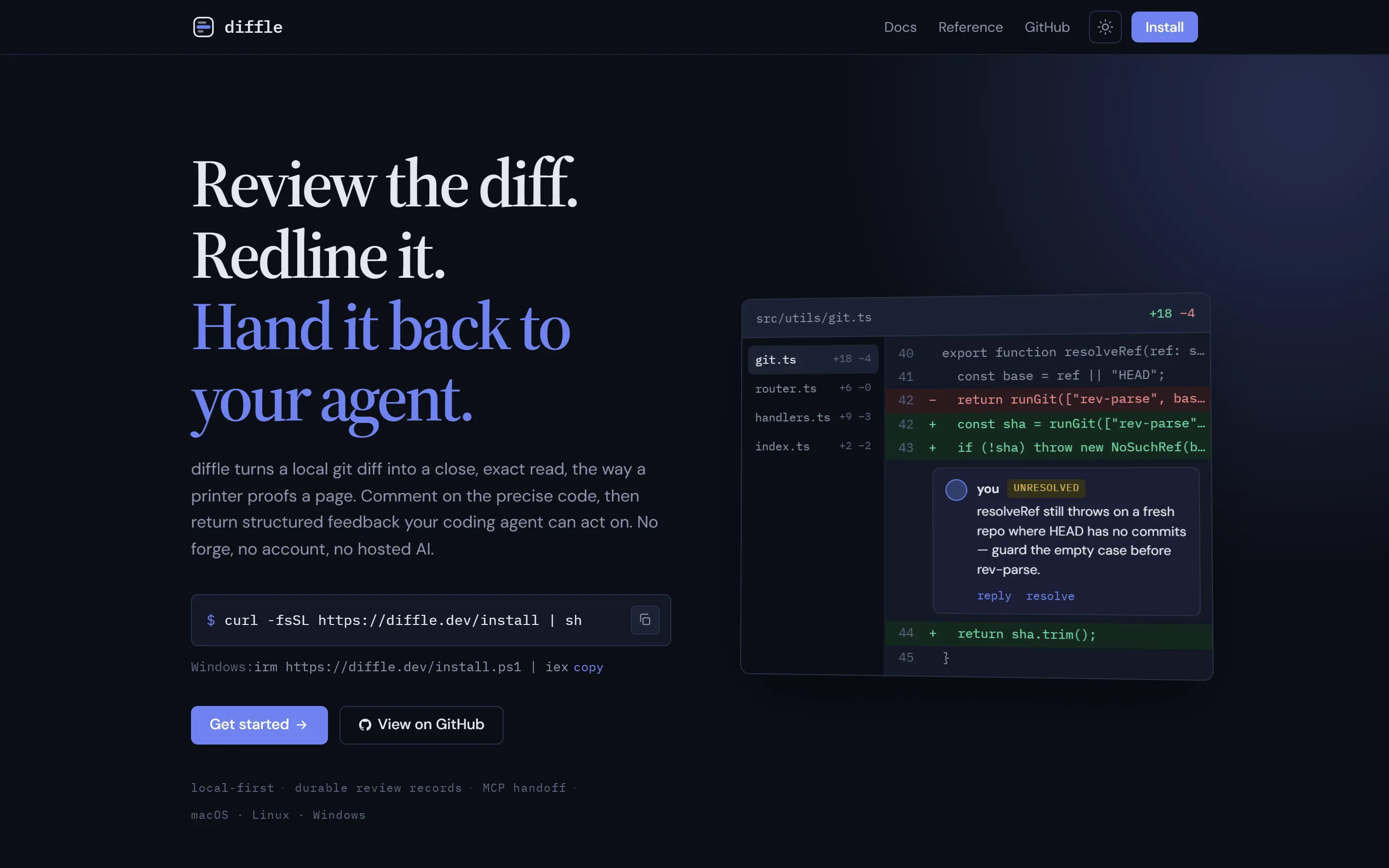 diffle.dev home page in dark mode: the headline Review the diff. Redline it. Hand it back to your agent. beside a diff of src/utils/git.ts with an unresolved inline comment