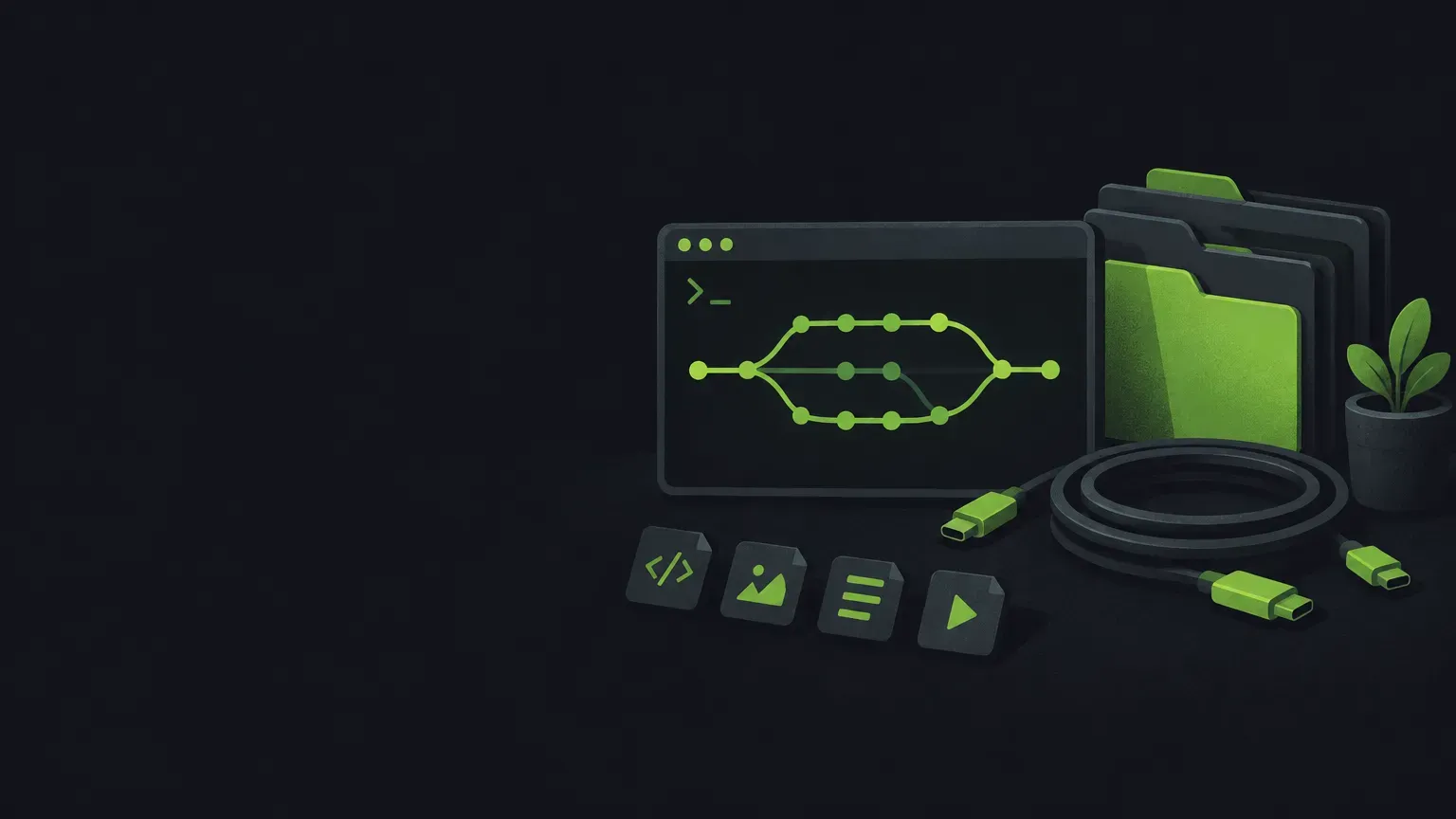 AI-generated still life of branching and merging git history lines, in green on a dark charcoal background