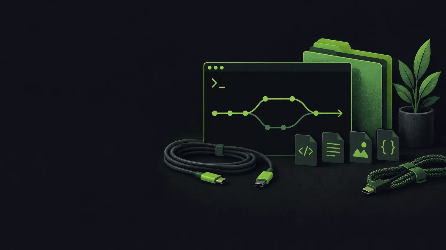 AI-generated still life of branching and merging git history lines, in green on a dark charcoal background