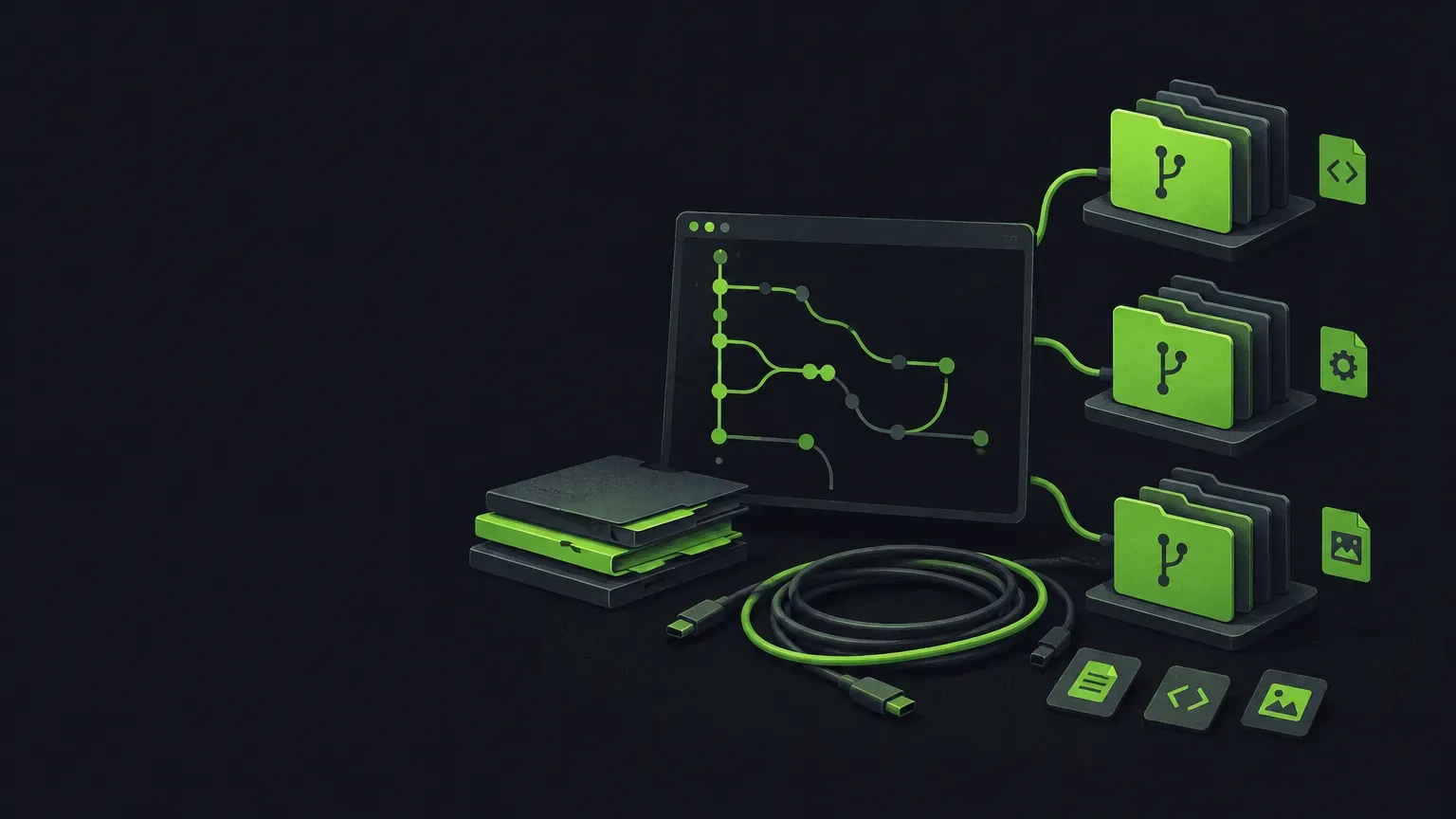 AI-generated still life of branching and merging git history lines, in green on a dark charcoal background