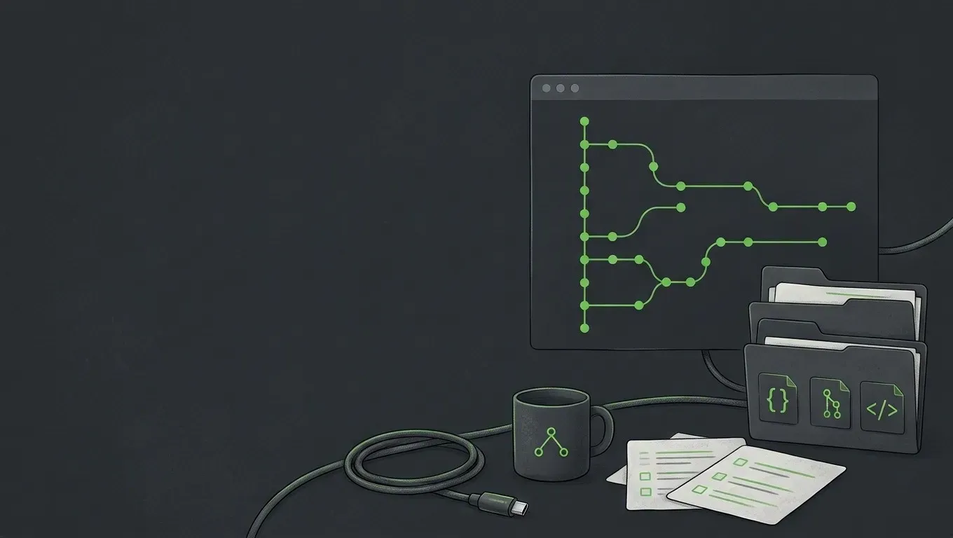 AI-generated still life of branching and merging git history lines, in green on a dark charcoal background