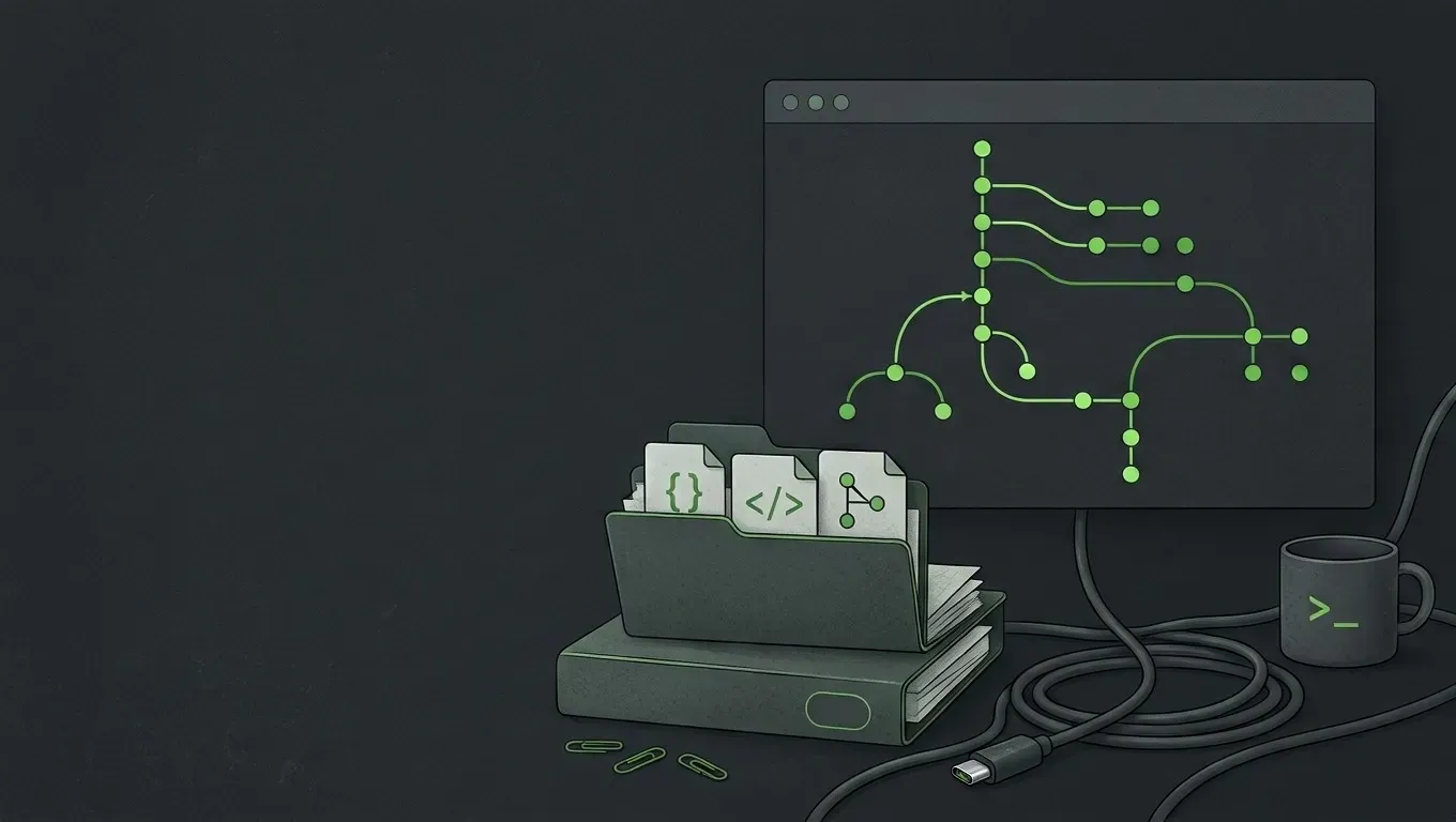 AI-generated still life of branching and merging git history lines, in green on a dark charcoal background