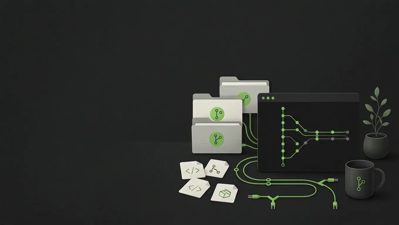 AI-generated still life of branching and merging git history lines, in green on a dark charcoal background