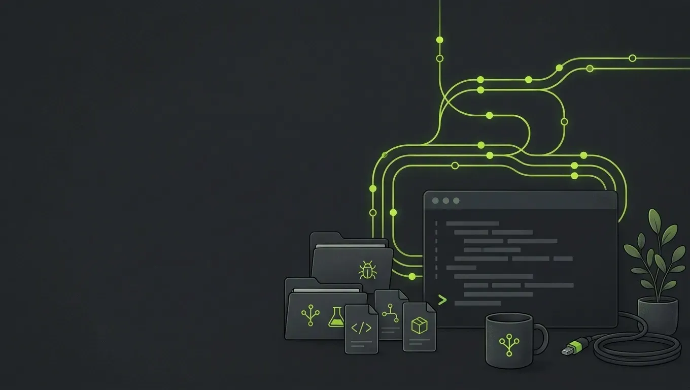 AI-generated still life of branching and merging git history lines, in green on a dark charcoal background