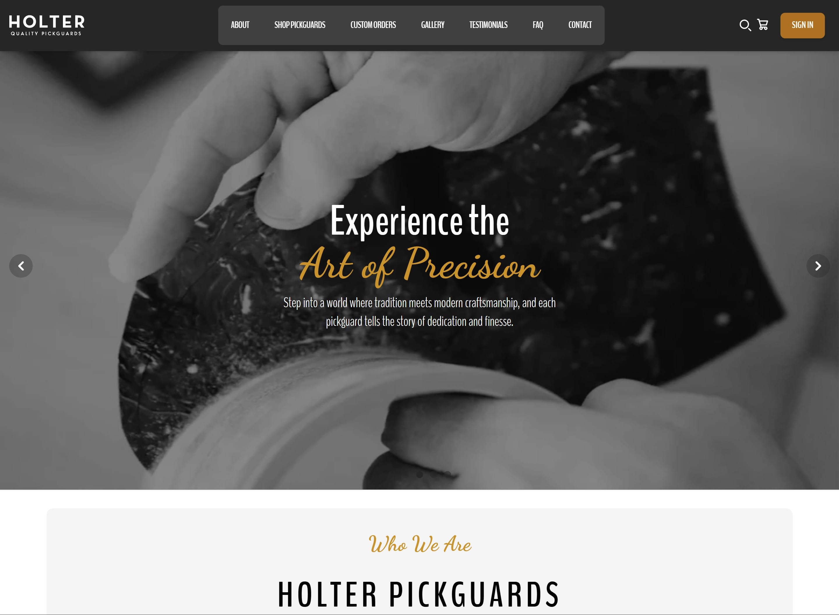 Holter Pickguards website showcasing custom acoustic guitar pickguards