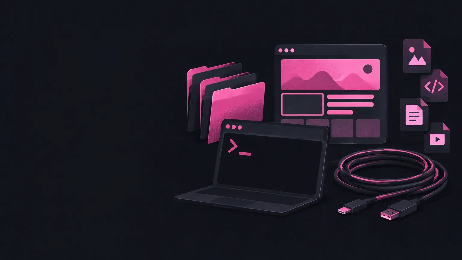 AI-generated still life of a browser window with simple layout blocks, in pink on a dark charcoal background