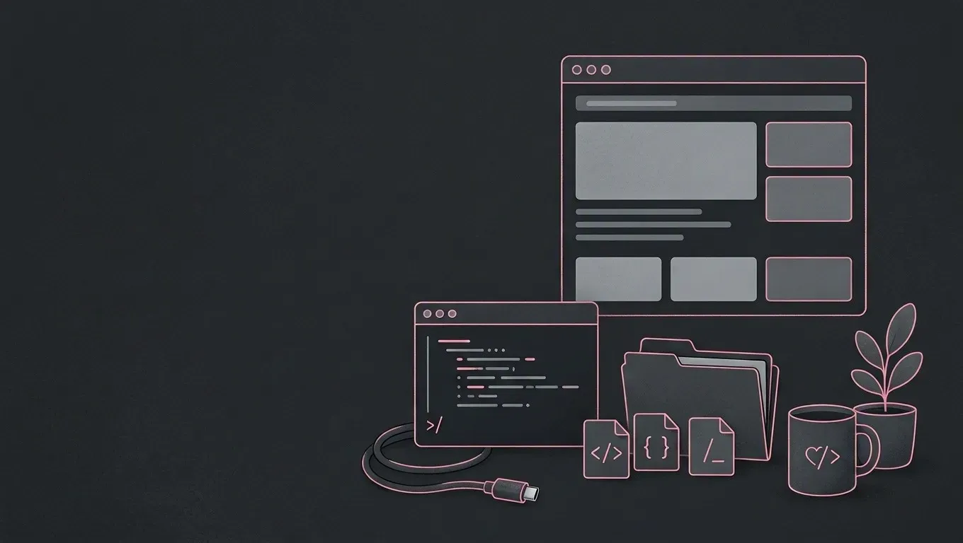 AI-generated still life of a browser window with simple layout blocks, in pink on a dark charcoal background