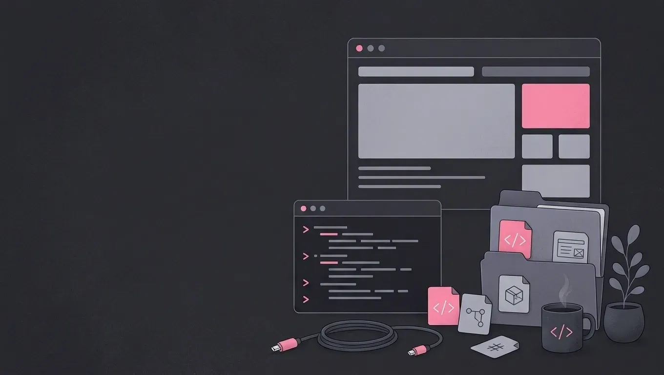 AI-generated still life of a browser window with simple layout blocks, in pink on a dark charcoal background