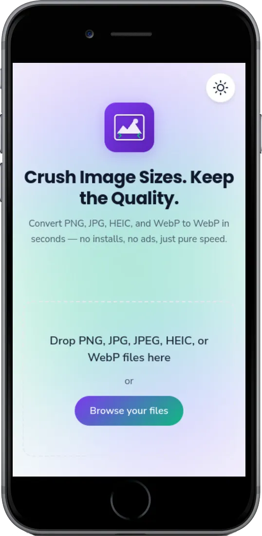 ImgSmash on a phone: the drop zone and a Browse your files button