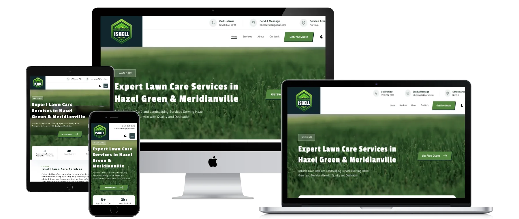 Isbell Lawn Care website shown on a desktop, laptop, tablet and phone