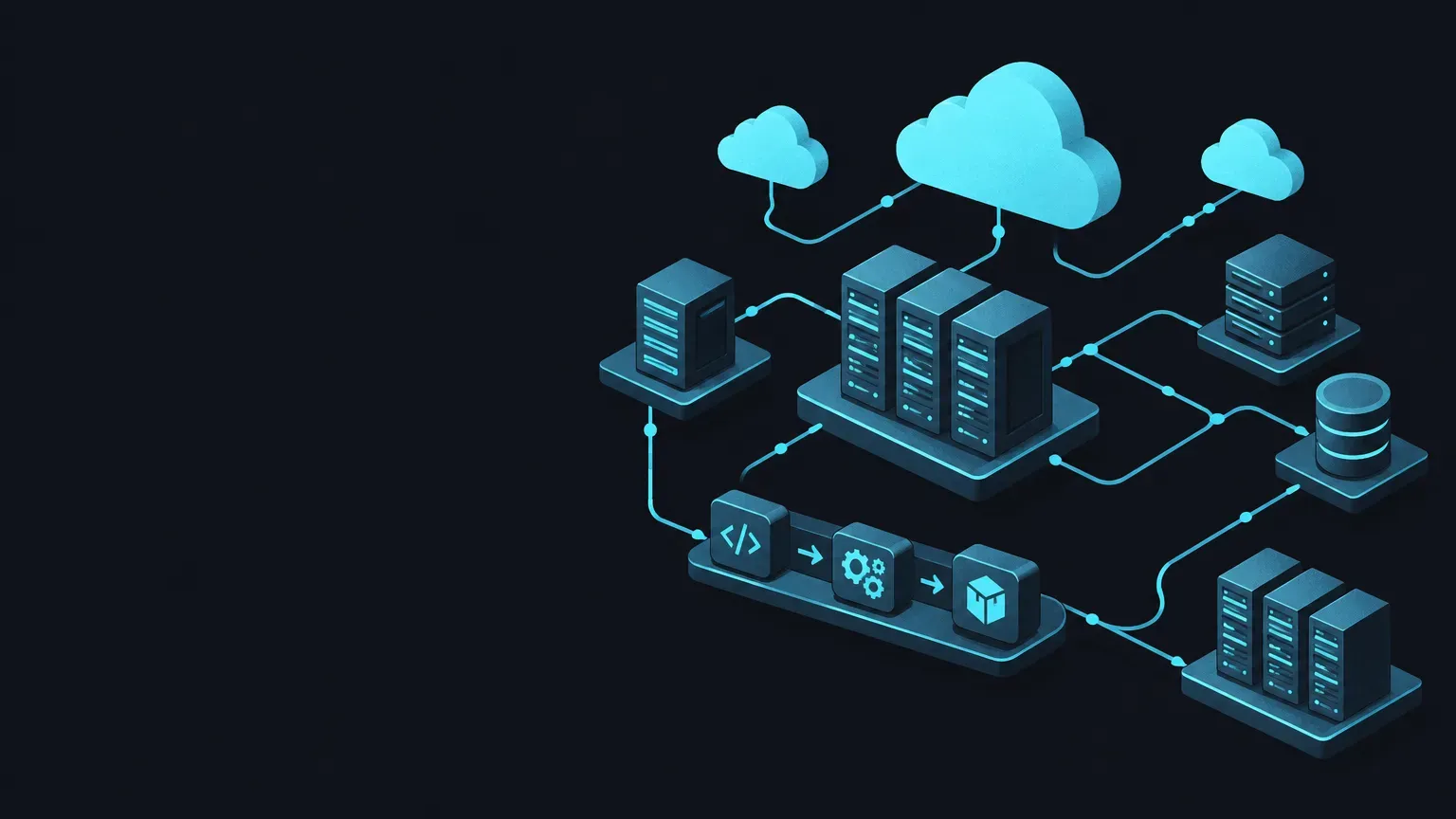 AI-generated isometric diagram of connected cloud shapes and network paths, in cyan on a dark charcoal background