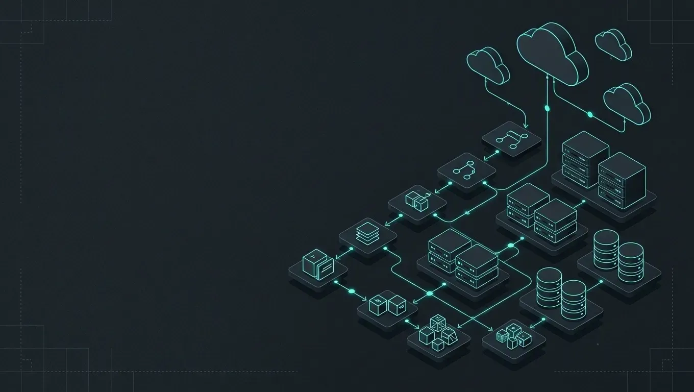 AI-generated isometric diagram of connected cloud shapes and network paths, in cyan on a dark charcoal background