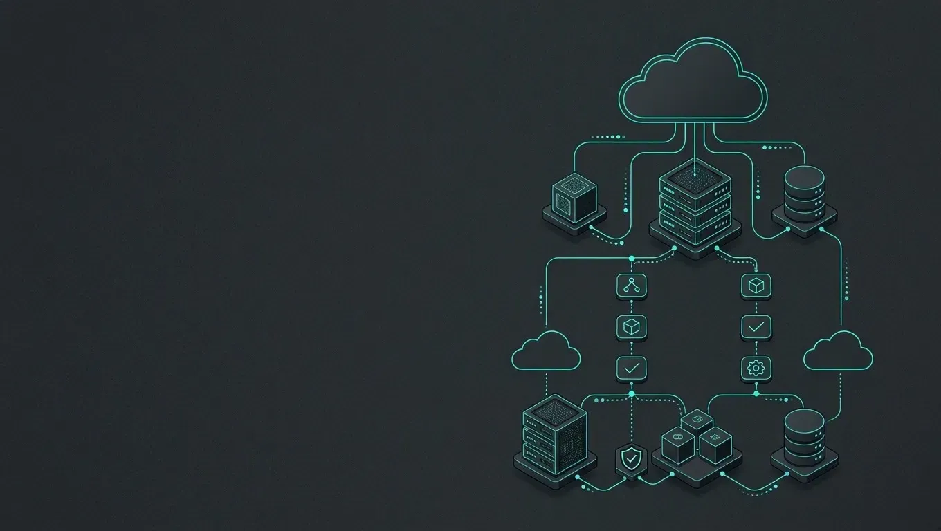 AI-generated isometric diagram of connected cloud shapes and network paths, in cyan on a dark charcoal background