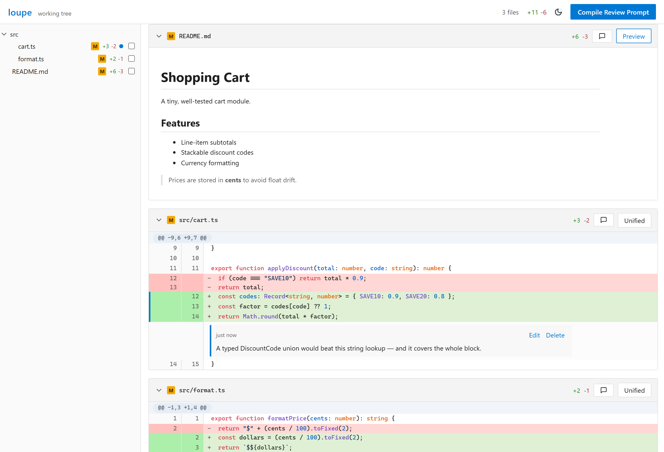loupe with an inline multi-line comment spanning several changed lines of a TypeScript file
